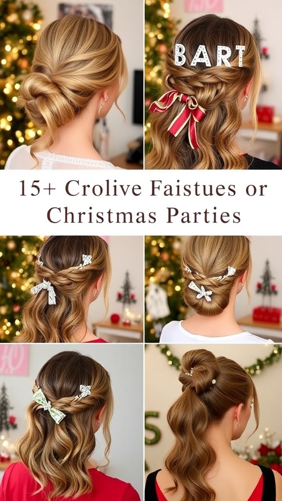 A collection of stylish Christmas party hairstyles including chignon, waves, braids, and ponytail with festive accessories.